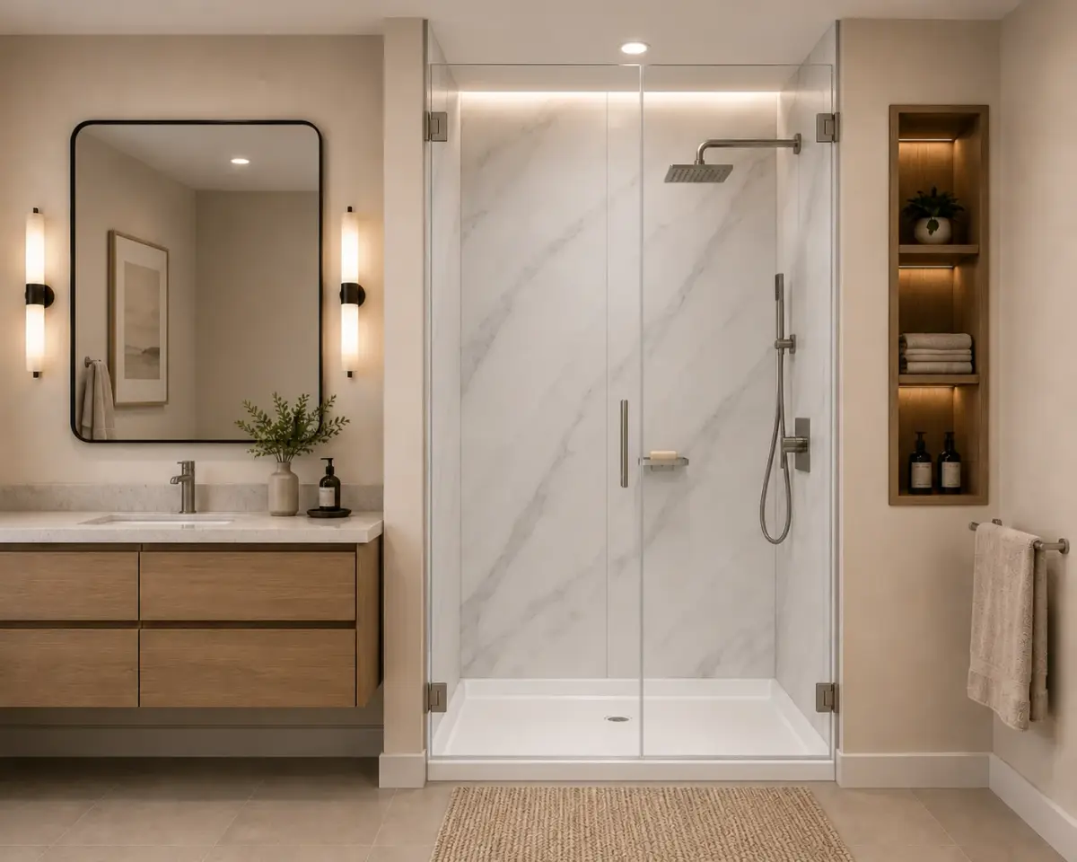 Low-threshold accessible shower with a seat and grab bars installed by Aging Safely Baths